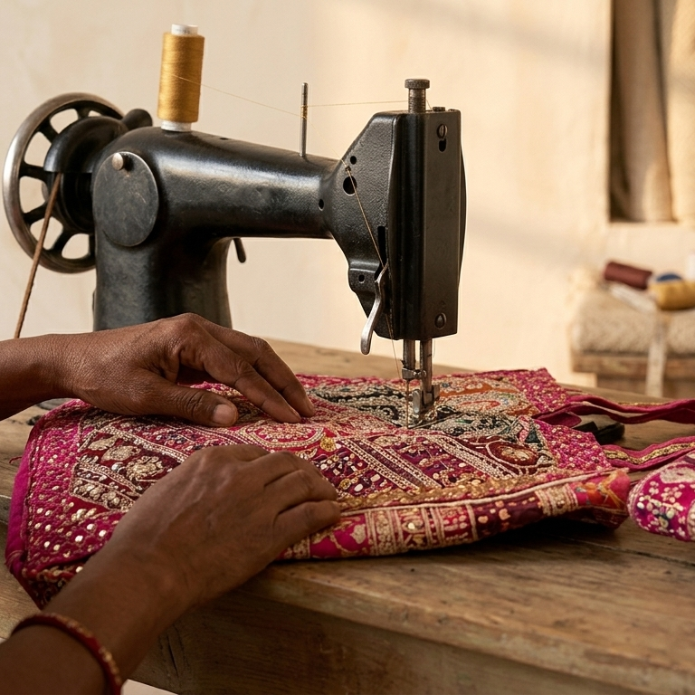 Sewing machine stiching a tote bag