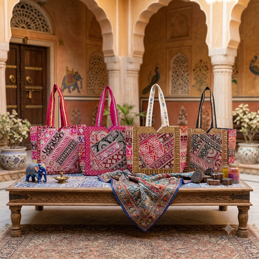 Four colorful embroidered tote bags with patterned fabric and decorative handles are arranged on a carved wooden bench in a traditional courtyard setting with arches, plants, and decorative items.