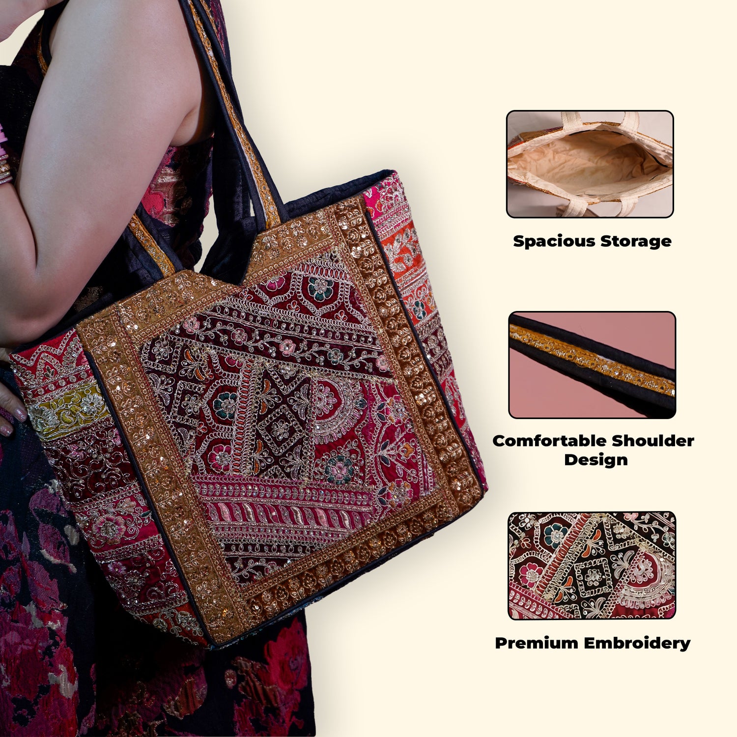 A person wearing a dark floral dress carries a large embroidered tote bag with intricate red, gold, and black patterns. Three inset images on the right highlight product features: spacious storage, comfortable shoulder design, and premium embroidery.