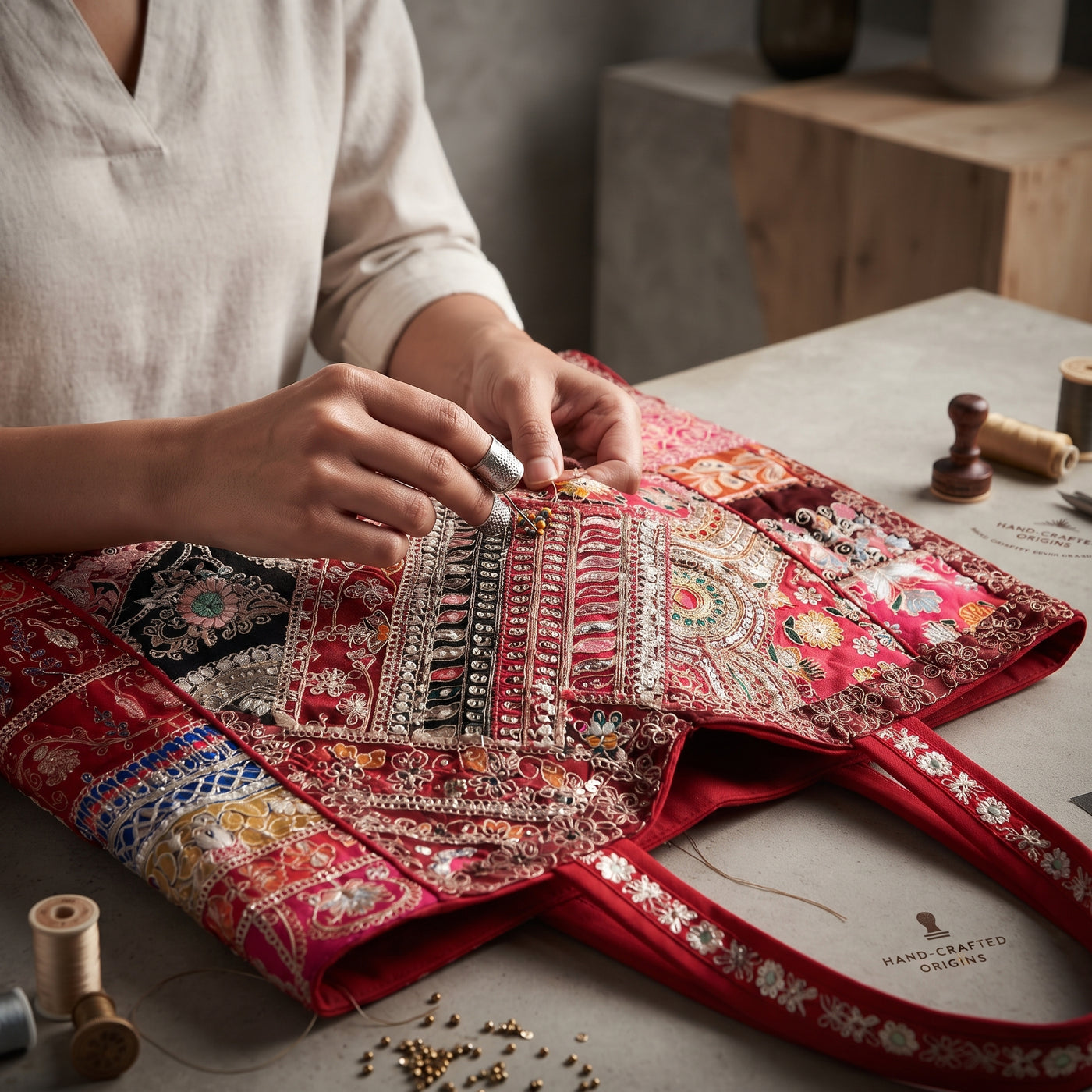 A close-up of a person's hands sewing an ornate, heavily embroidered red fabric tote bag on a rustic wooden table. The bag features intricate multicolor patchwork panels with gold, silver, and red embroidery.