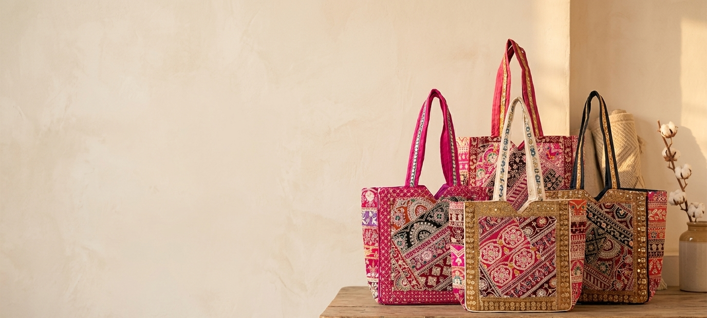 Three colorful patterned tote bags with embroidered details and woven textures, displayed on a rustic wooden table against a textured beige wall.